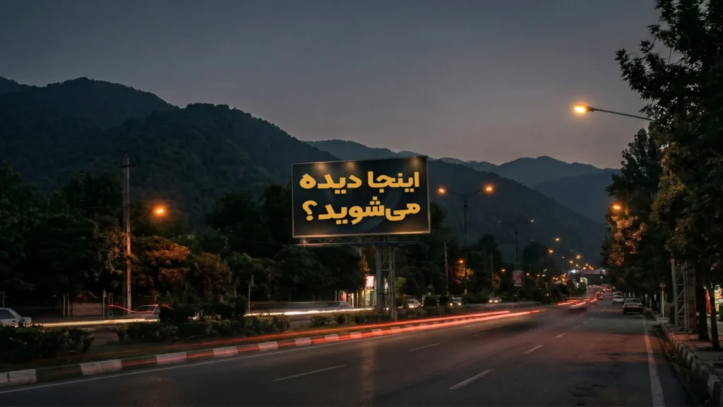 سازه بیلبورد تبلیغات محیطی در گرگان در جاده ورودی شهر با نوشته اینجا دیده می‌شوید